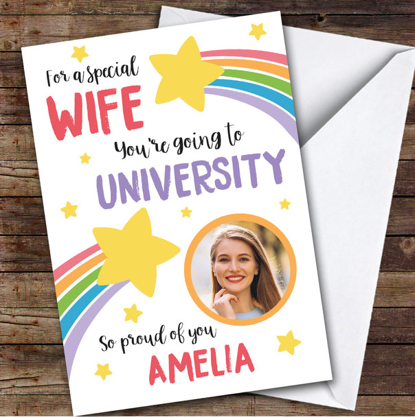 Personalised Off To University Card For Wife Photo Rainbow Star