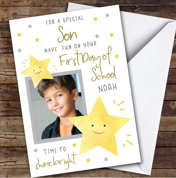 Personalised First Day At School Card For Son Photo Stars