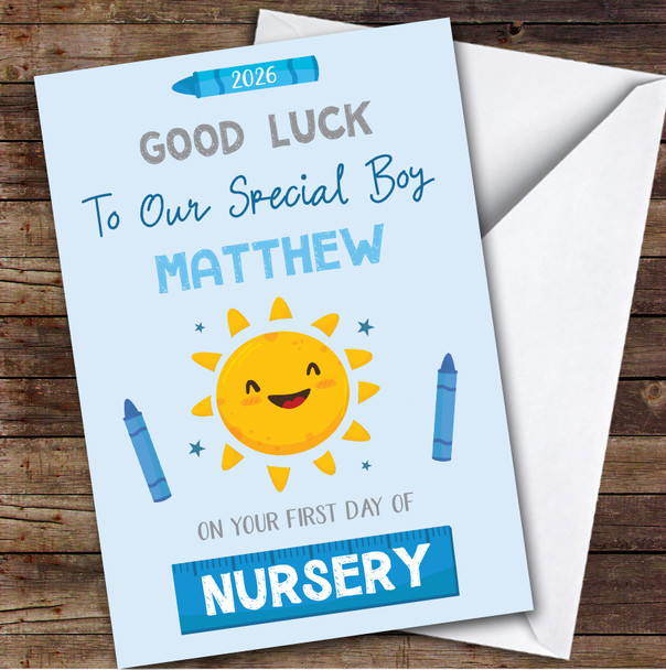 Personalised First Day Of Nursery Card For Anyone Boy Sun Blue Crayon