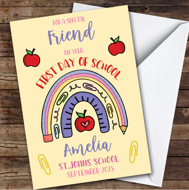 Personalised First Day Of School Card For Friend Rainbow Pencil Yellow
