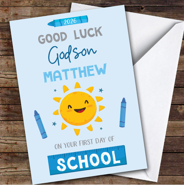 Personalised First Day Of School Card For Godson Sun Blue Crayon