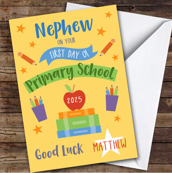 Personalised First Day Of School Card For Nephew Primary Yellow