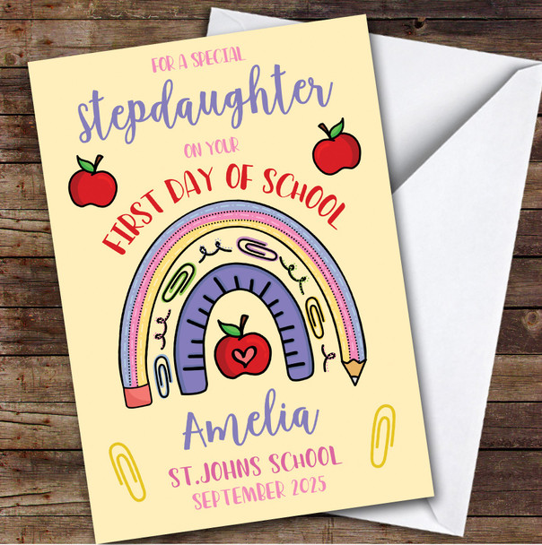 Personalised First Day Of School Card For Stepdaughter Rainbow Pencil Yellow