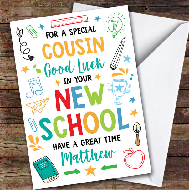 Personalised Going To New School Card For Cousin Bright Doodle