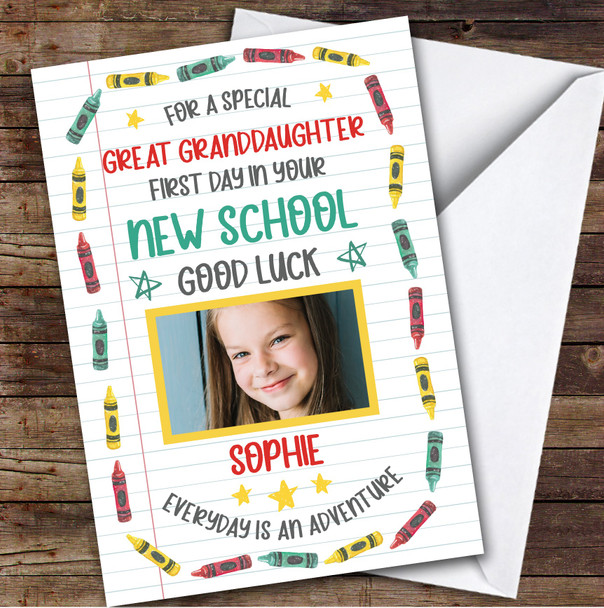 Personalised Going To New School Card For Great Granddaughter Photo Crayons