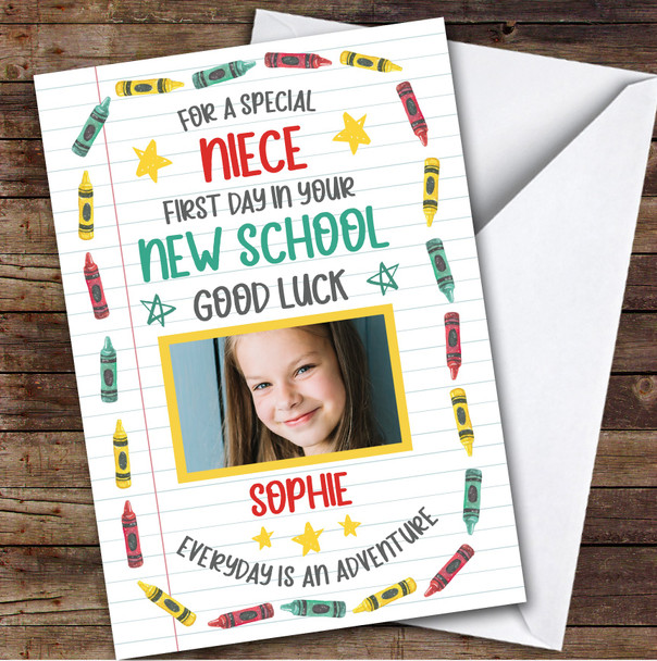 Personalised Going To New School Card For Niece Photo Crayons