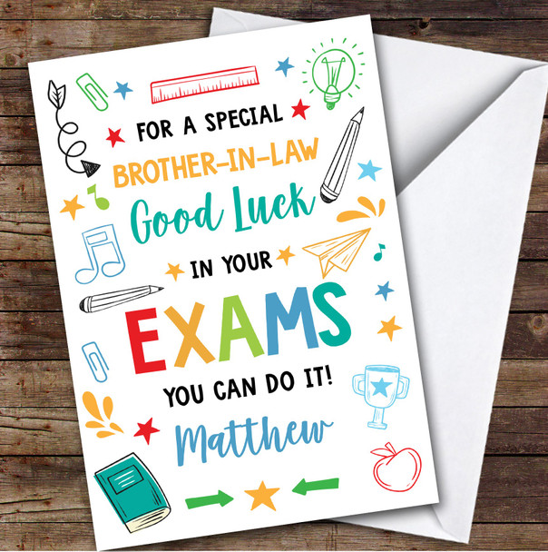 Personalised Good Luck In Exams Card For Brother-In-Law Bright Doodle