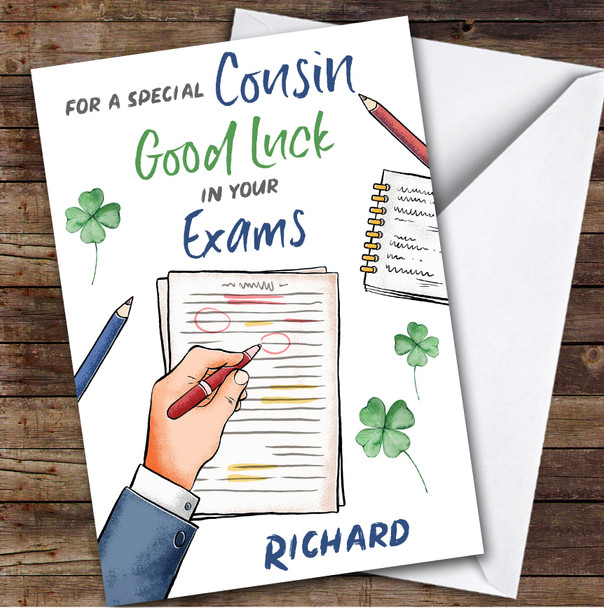 Personalised Good Luck In Exams Card For Cousin Hand Test