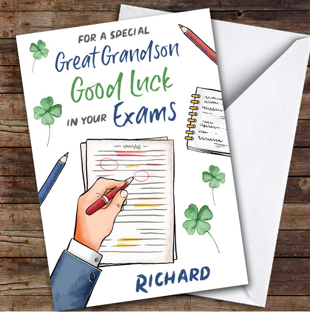 Personalised Good Luck In Exams Card For Great Grandson Hand Test