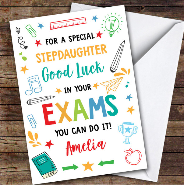 Personalised Good Luck In Exams Card For Stepdaughter Bright Doodle