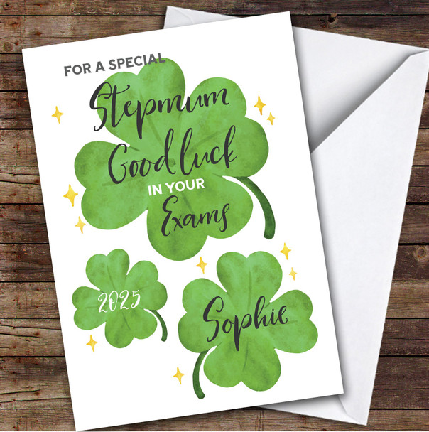 Personalised Good Luck In Exams Card For Stepmum Lucky Clover