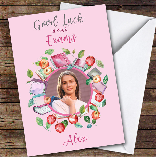 Personalised Good Luck In Your Exams Card For Anyone Photo Apple Books Pink