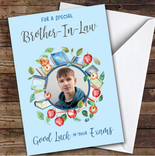Personalised Good Luck In Your Exams Card For Brother-In-Law Photo Apple Blue