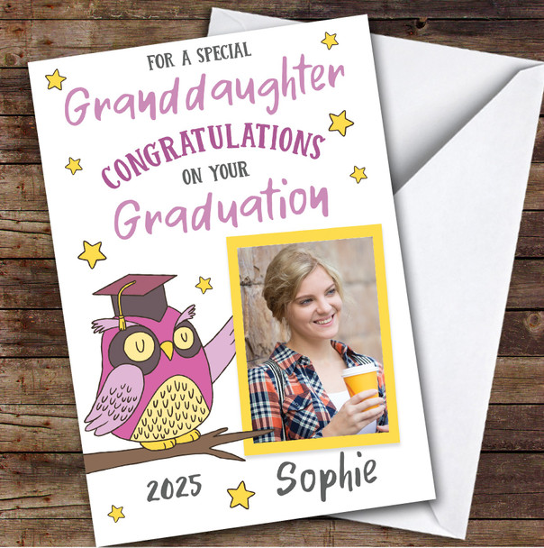 Personalised Graduation Card For Granddaughter Photo Pink Owl