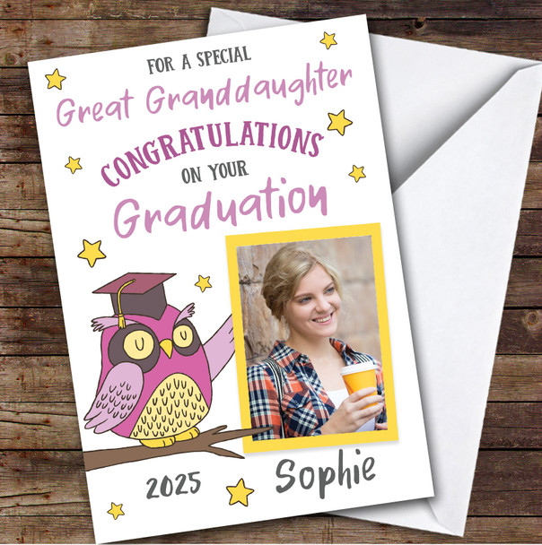 Personalised Graduation Card For Great Granddaughter Photo Pink Owl