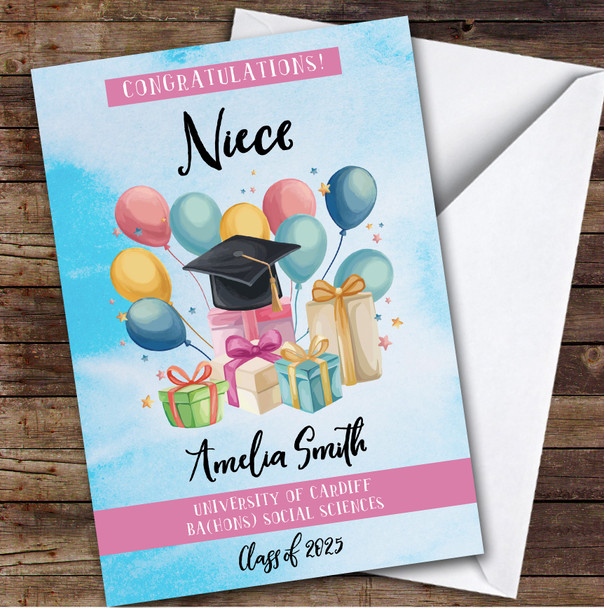 Personalised Graduation Card For Niece Balloons Gift Blue