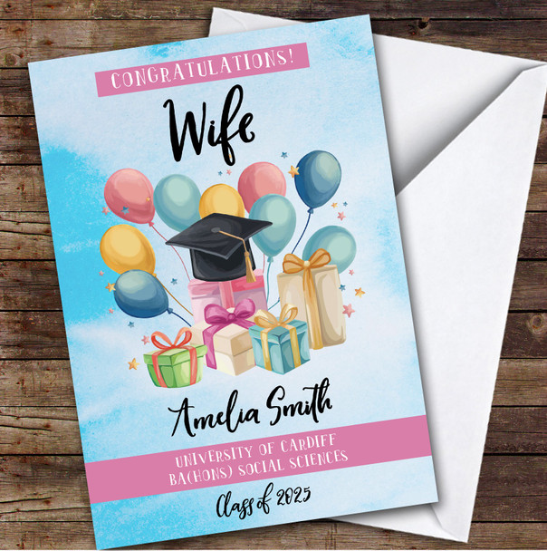 Personalised Graduation Card For Wife Balloons Gift Blue
