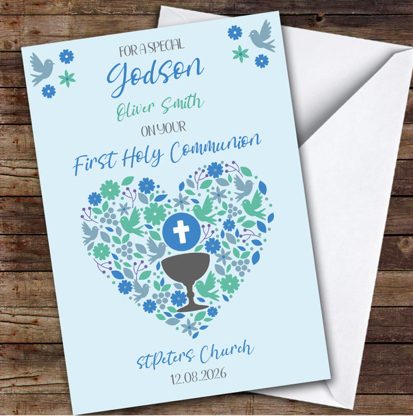 Personalised First Holy Communion Card For Godson Blue Heart