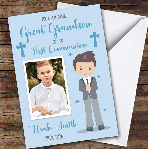 Personalised First Holy Communion Card For Great Grandson Photo Blue Boy