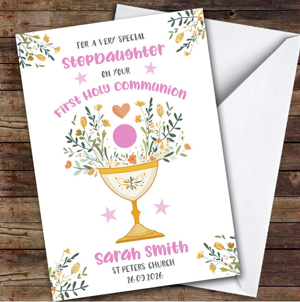 Personalised First Holy Communion Card For Stepdaughter Pink Chalice