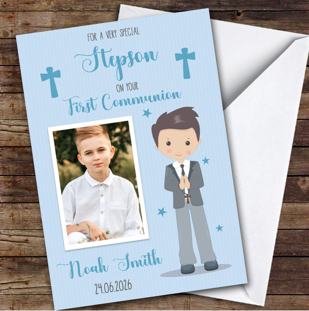Personalised First Holy Communion Card For Stepson Photo Blue Boy