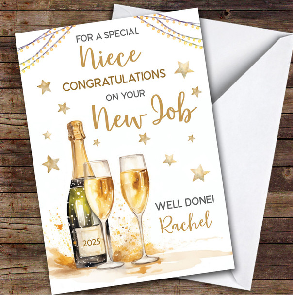 Personalised New Job Card For Niece Champagne Flute Gold