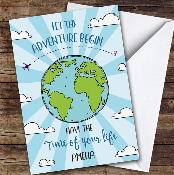 Personalised Going Travelling Card For Anyone World Aeroplane Blue