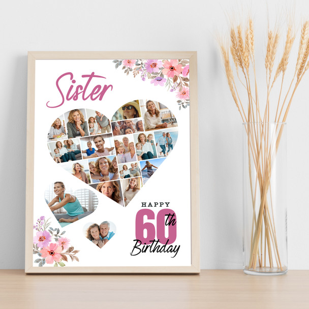 Photo Collage 60th Birthday Gift For Sister 19-Photo Floral Print Or Canvas Photo Collage 60th Birthday Gift For Sister 19-Photo Floral Print Or Canvas