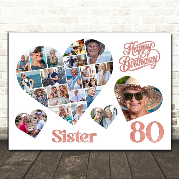 Photo Collage 80th Birthday Gift For Sister 20-Photo Hearts Print Or Canvas