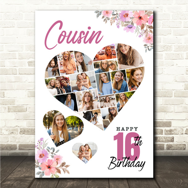 Photo Collage 16th Birthday Gift For Cousin 19-Photo Floral Print Or Canvas
