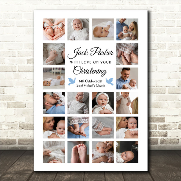 Photo Collage Christening Gift For Boys 20-Photo Blue Doves Print Or Canvas