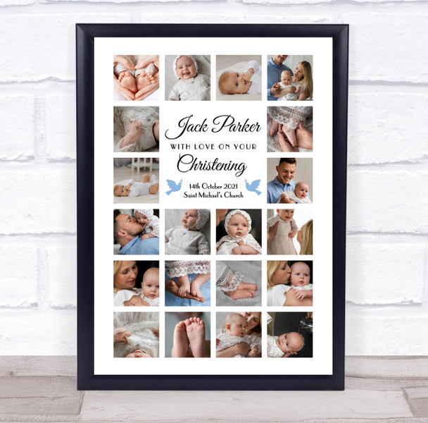 Photo Collage Christening Gift For Boys 20-Photo Blue Doves Print Or Canvas