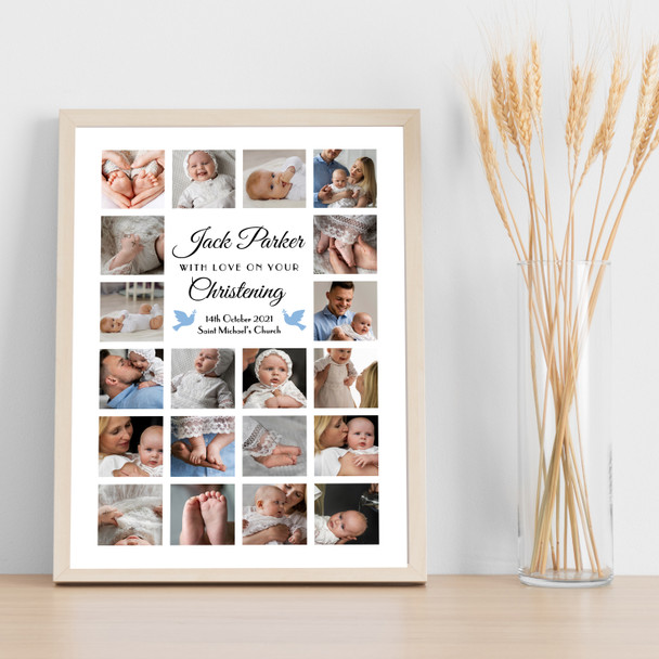 Photo Collage Christening Gift For Boys 20-Photo Blue Doves Print Or Canvas