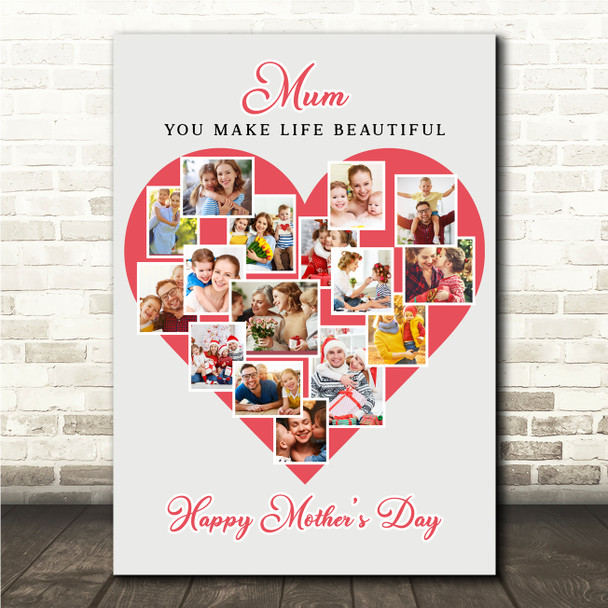 Photo Collage Gift For Mum Mother's Day 16-Photo Red Heart Print Or Canvas