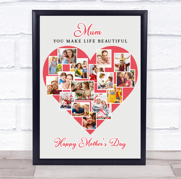 Photo Collage Gift For Mum Mother's Day 16-Photo Red Heart Print Or Canvas