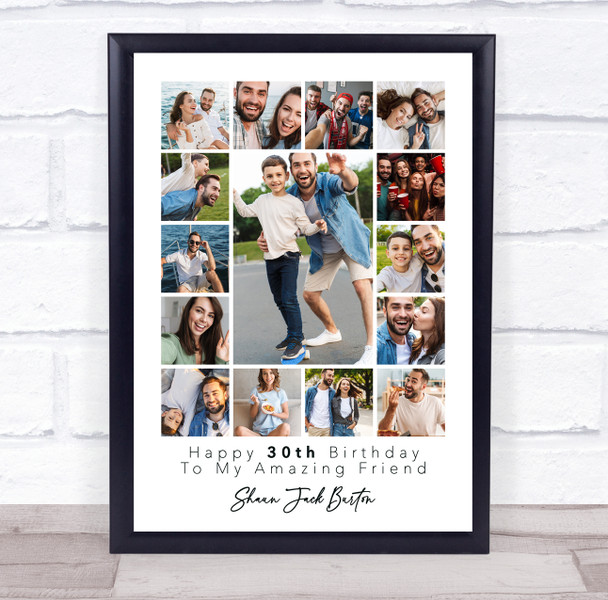 Photo Collage 30th Birthday Gift For Friend 15-Photo White Print Or Canvas