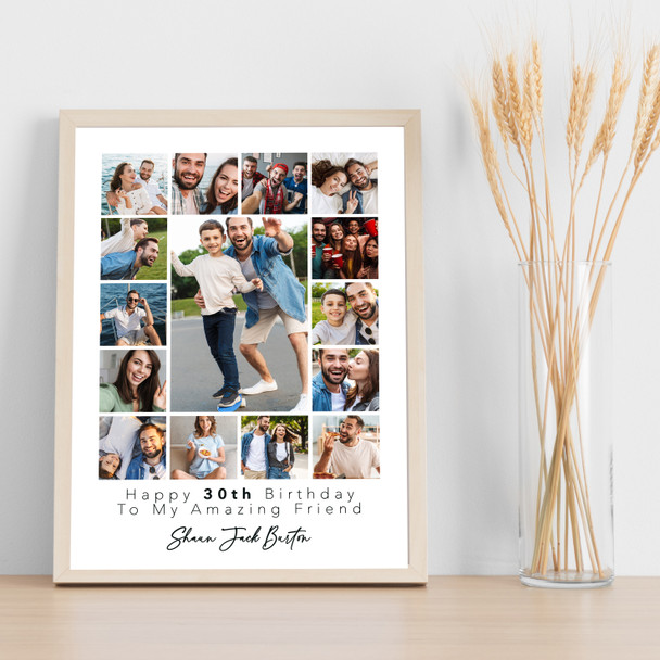 Photo Collage 30th Birthday Gift For Friend 15-Photo White Print Or Canvas