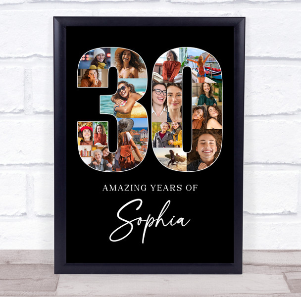 Photo Collage 30th Birthday Gift For Her 18-Photo 30 Black Print Or Canvas