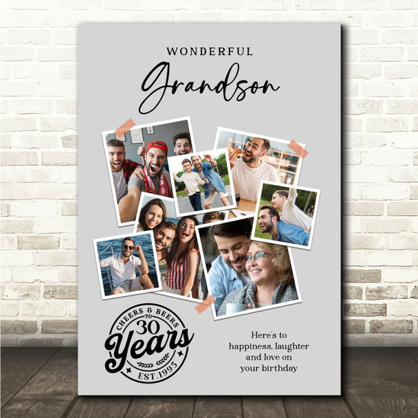 Photo Collage 30th Birthday Gift For Grandson 7-Photo Grey Print Or Canvas