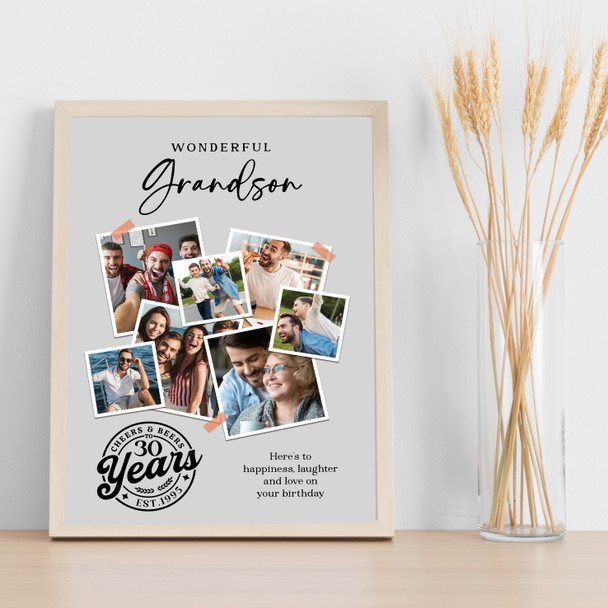 Photo Collage 30th Birthday Gift For Grandson 7-Photo Grey Print Or Canvas