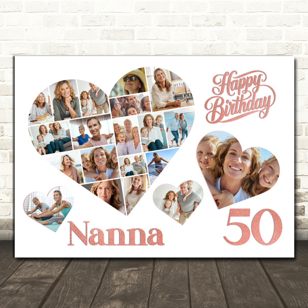 Photo Collage 50th Birthday Gift For Nanna 20-Photo Hearts Print Or Canvas
