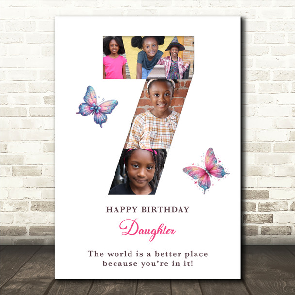 Photo Collage 5-Photo 7th Birthday Gift For Kids Butterfly Print Or Canvas