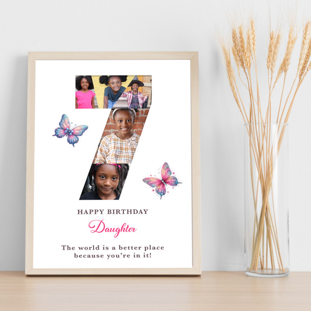 Photo Collage 5-Photo 7th Birthday Gift For Kids Butterfly Print Or Canvas