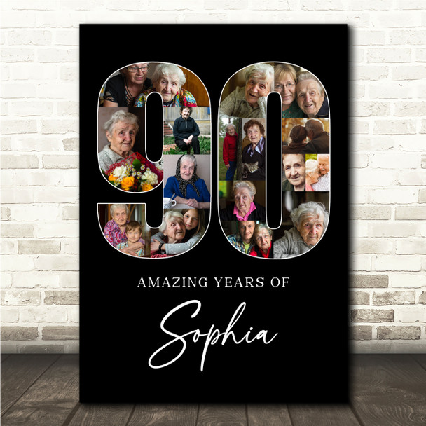 Photo Collage 90th Birthday Gift For Her 16-Photo 90 Black Print Or Canvas