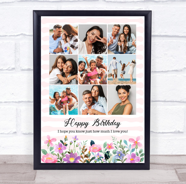 Photo Collage Birthday Gift Anyone 9-Photo Pink Floral Print Or Canvas