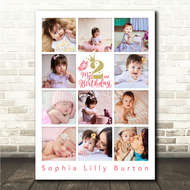 Photo Collage 11-Photo 2nd Birthday Gift For Toddlers Girl Print Or Canvas