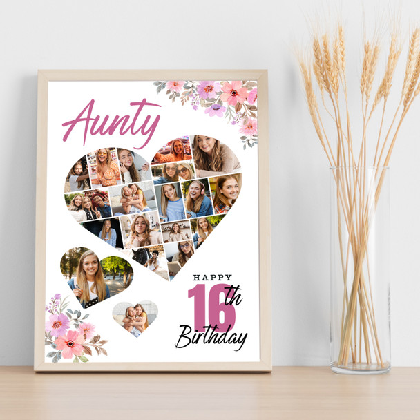 Photo Collage 16th Birthday Gift For Aunty 19-Photo Floral Print Or Canvas