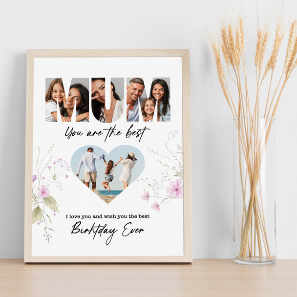 Photo Collage Mum's Birthday Gift 4-Photo Mum Heart Floral Print Or Canvas