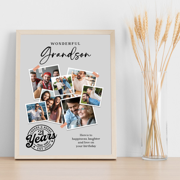 Photo Collage 21st Birthday Gift For Grandson 7-Photo Grey Print Or Canvas