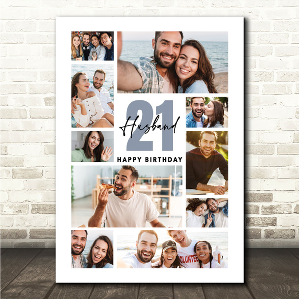 Photo Collage 21st Birthday Gift For Husband 10-Photo Blue Print Or Canvas
